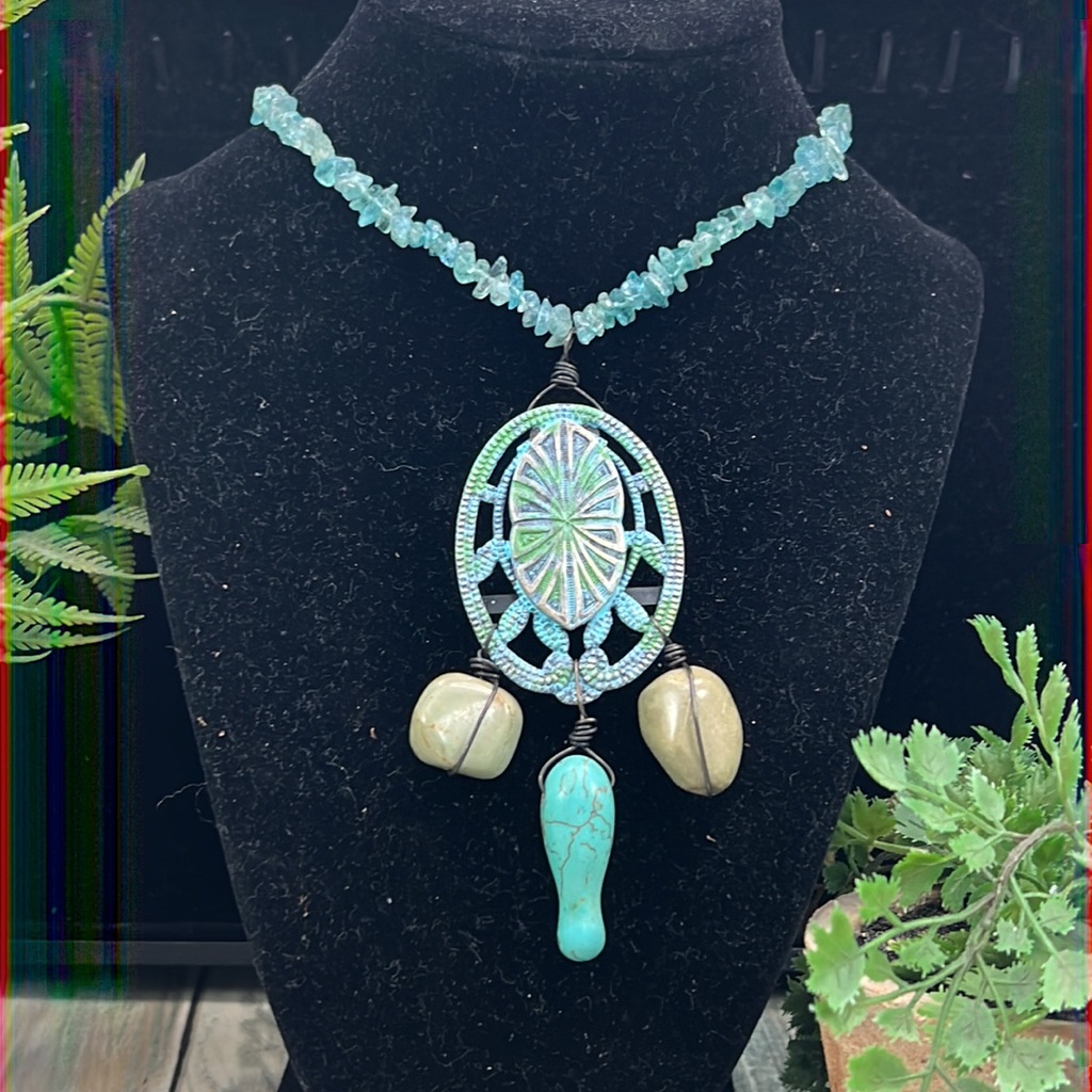 Adorned Crown Necklace Artisan Assemblage Fluorite Turquoise Stone Metal 44$